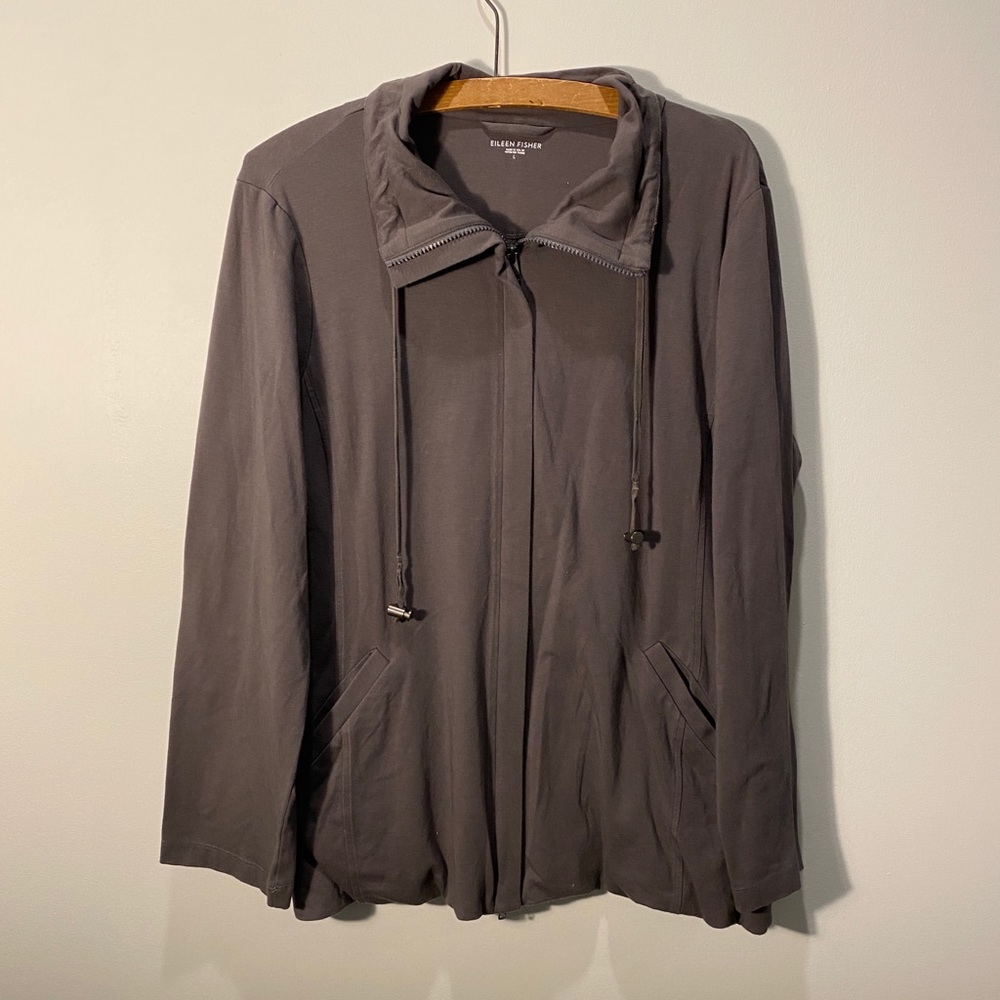 Eileen fisher women sustainable organic cotton funnel neck jacket sz L gray
